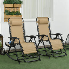 2 Outdoor Rocking Chairs Foldable Reclining Zero Gravity Lounge Rockers w/ Pillow Cup & Phone Holder, Beige