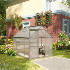 8' x 6' Aluminum Outdoor Greenhouse, Polycarbonate Walk-in Garden Greenhouse Kit with Adjustable Roof Vent, Rain Gutter and Sliding Door for Winter, Silver