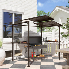 8 x 5ft Hardtop Grill Gazebo with Double Metal Roof, 2 Side Shelves and 4 Cup Holders for Patio Backyard Lawn Deck