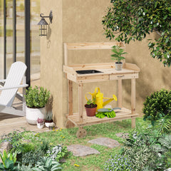 36'' Wooden Potting Bench Work Table with 2 Removable Wheels, Sink, Drawer & Large Storage Spaces, Natural