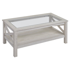 Coffee Table with Tempered Glass Tabletop, Living Room Table with Wood Frame and Underneath Storage Shelf, White Oak