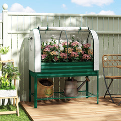 Galvanised Raised Garden Bed with Greenhouse Cover, Metal Elevated Garden Bed with Bed Liner, Bottom Shelf, Green
