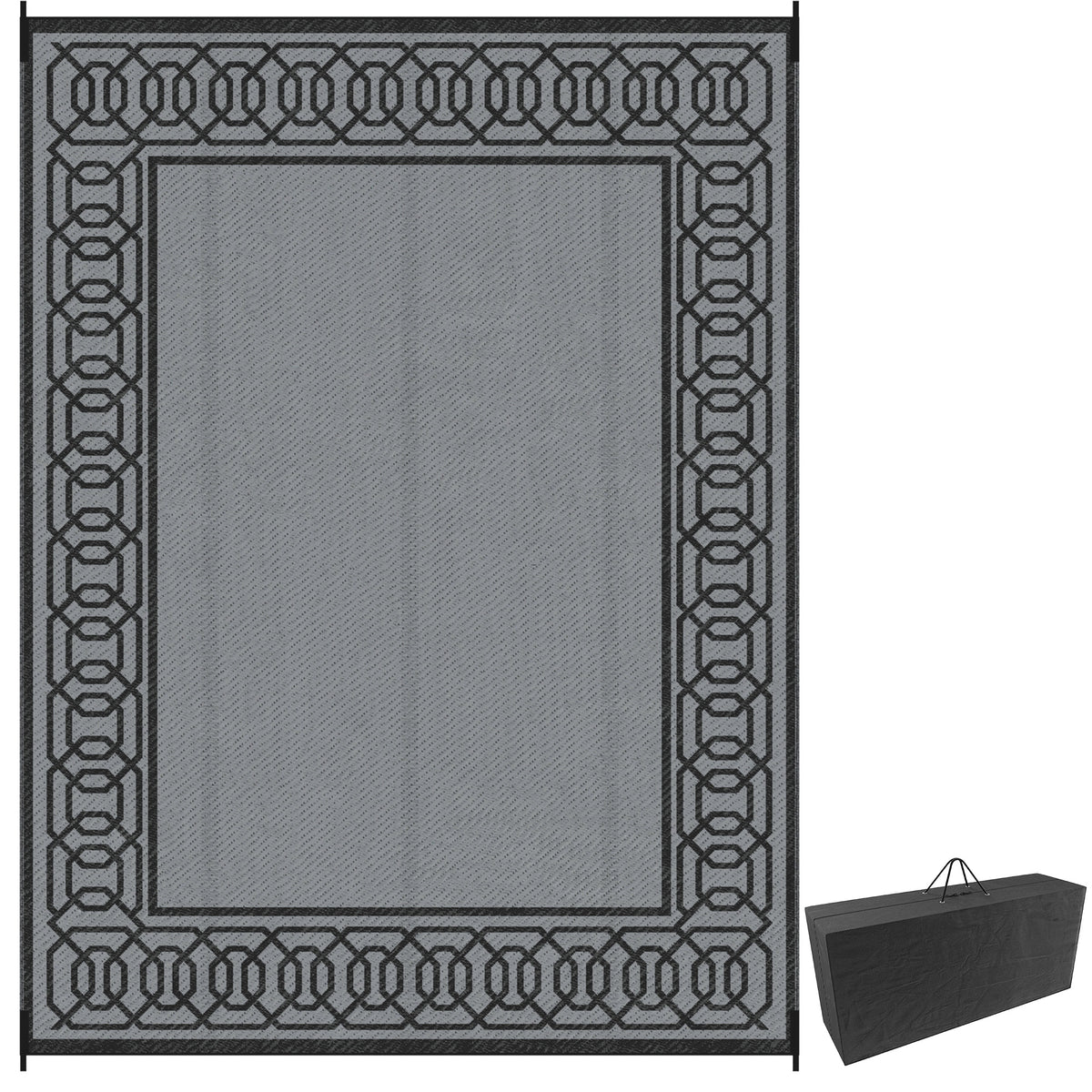 Outdoor Rug for Patio, 9' x 12' Waterproof Large Mat, Reversible Plastic Straw Rug for Decor, Portable Outside RV Camping Area Carpet Mat for Backyard Porch Deck Picnic, Black & Gray Border