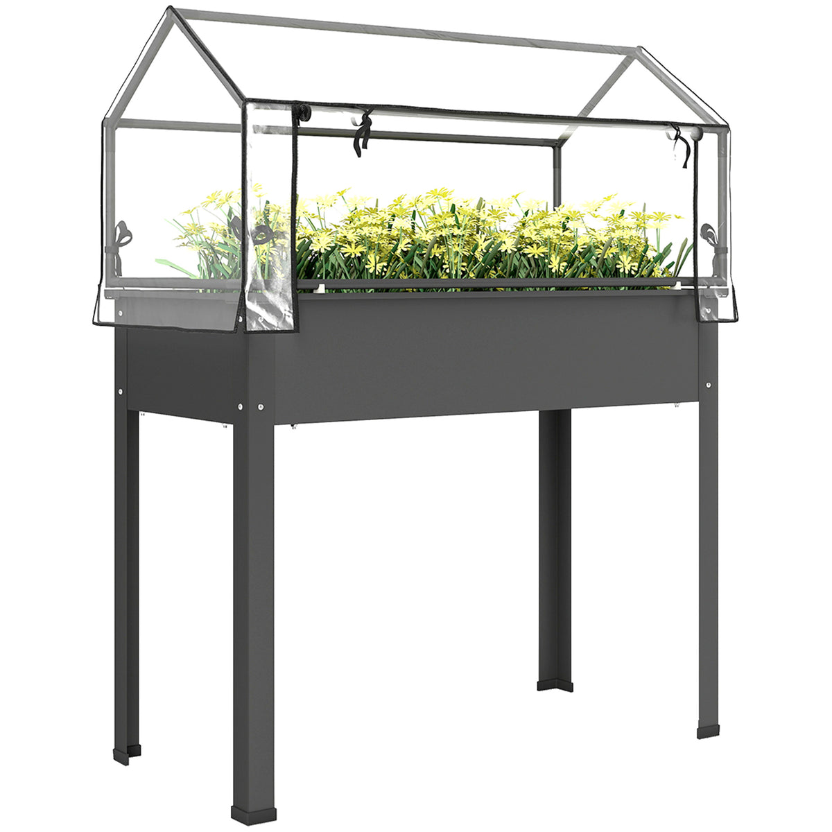 Elevated Garden Box with Greenhouse Cover, Raised Garden Bed with Legs and Drainage Hole for Vegetables, Dark Gray