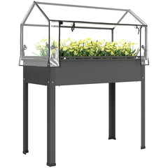 Elevated Garden Box with Greenhouse Cover, Raised Garden Bed with Legs and Drainage Hole for Vegetables, Dark Gray