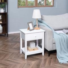 Modern Side Table for Living Room, End Table, 2-tier Side Table with Drawer and Storage Shelf, White