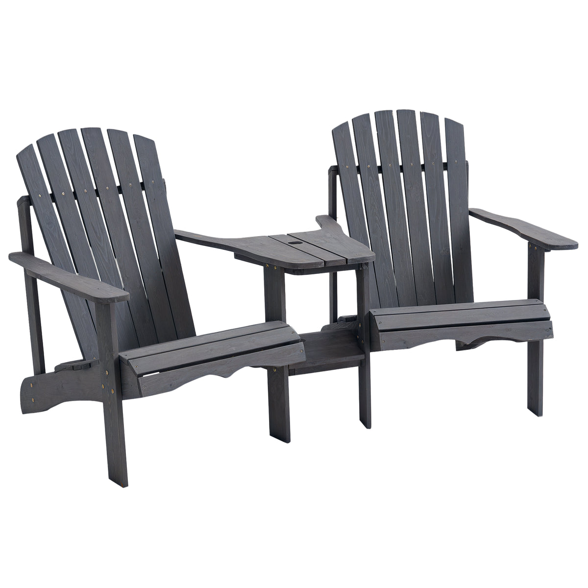Outdoor Wood Adirondack Chair Reclined Bench w/ Coner Table & Umbrella Hole