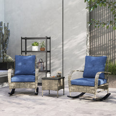 3 Piece Wicker Patio Furniture Set, Outdoor PE Rattan Rocking Chairs with Coffee Table, Cushions for Porch, Gray