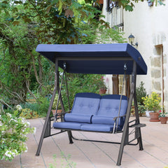 2-Person Patio Swing Bench with Adjustable Shade Canopy, Soft Cushions, Throw Pillows and Tray, Dark Blue