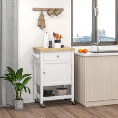 Kitchen Island on Wheels, Rolling Kitchen Cart with Rubberwood Top, Drawer, Wine Rack and Cabinet, White