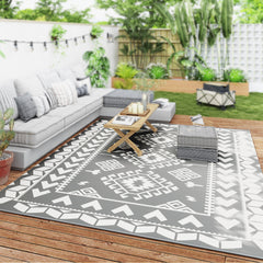 Reversible Outdoor Rug, Waterproof Plastic Straw with Carry Bag, 9' x 12', Gray & White Rhombus Patchwork