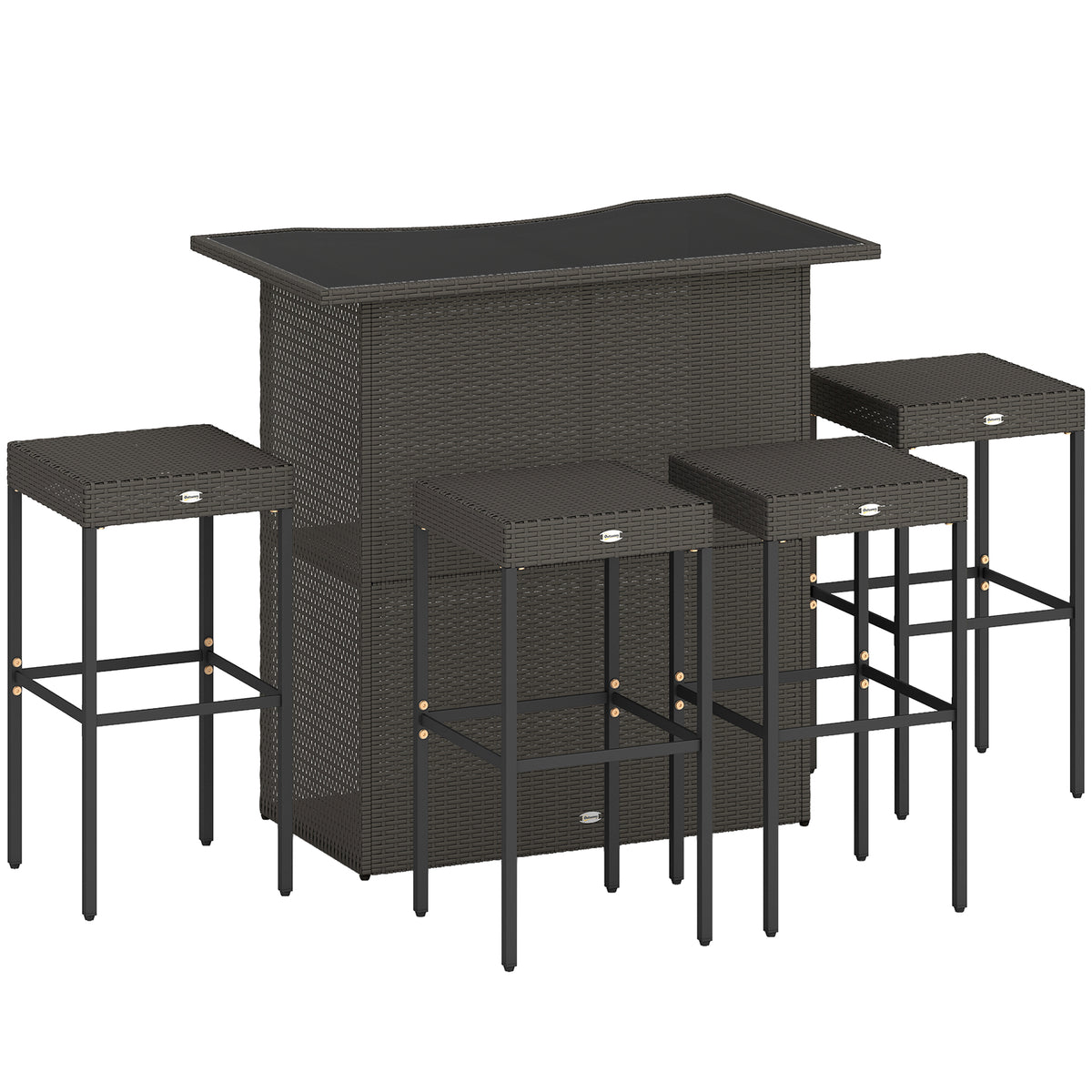5 Piece Rattan Wicker Bar Set, High Top Outdoor Table and Chairs, Bar Height Patio Set, 2 Shelves & 4 Bar Stools, Brown