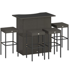 5 Piece Rattan Wicker Bar Set, High Top Outdoor Table and Chairs, Bar Height Patio Set, 2 Shelves & 4 Bar Stools, Brown