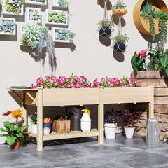 Wood Raised Garden Box, Elevated Garden Bed with Side Table, Bottom Shelf, Bed Liners and Drainage Holes, Natural