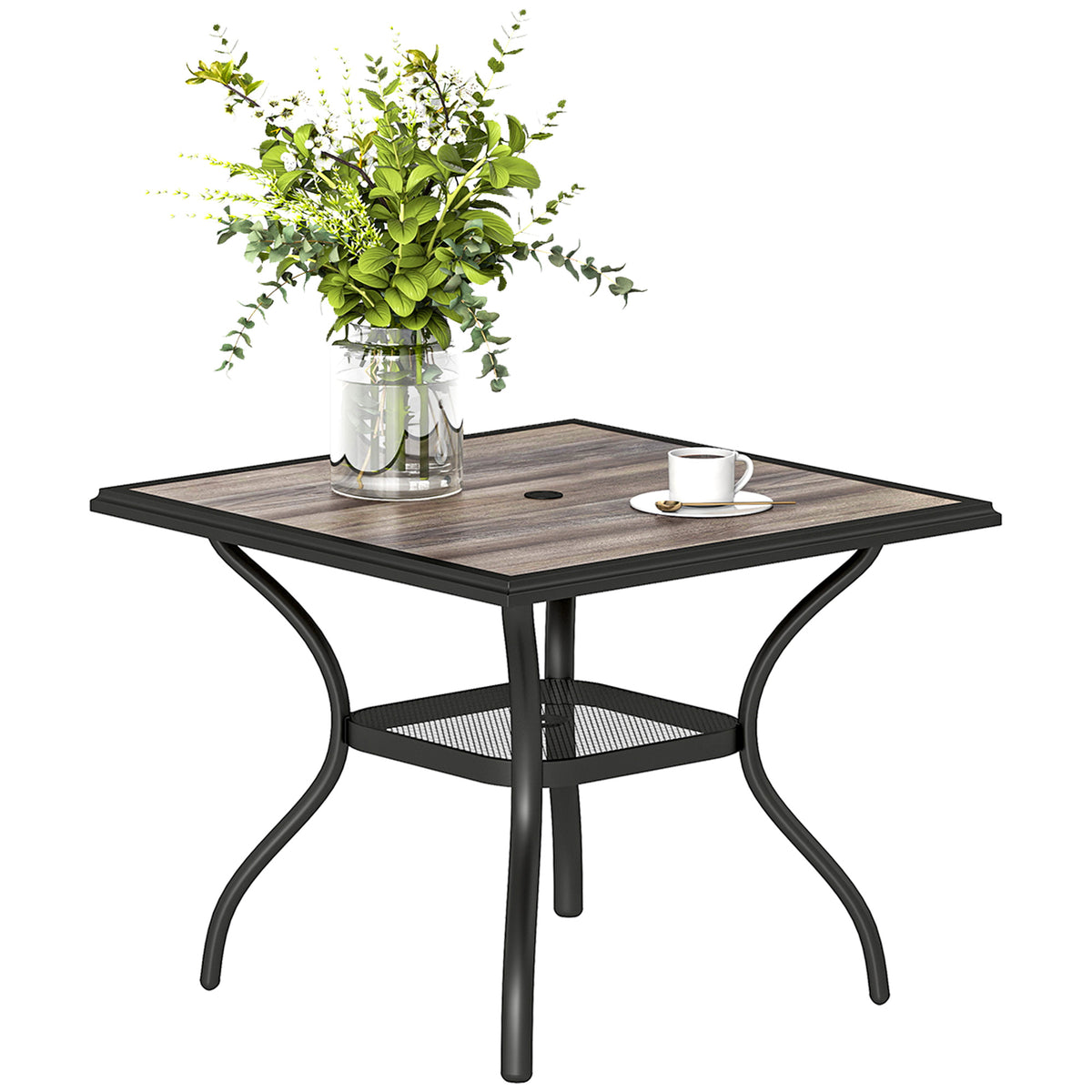 37" Square Outdoor Dining Table for 4, Patio Table with Umbrella Hole, Shelf, Faux Wood Top for Garden, Backyard, Gray