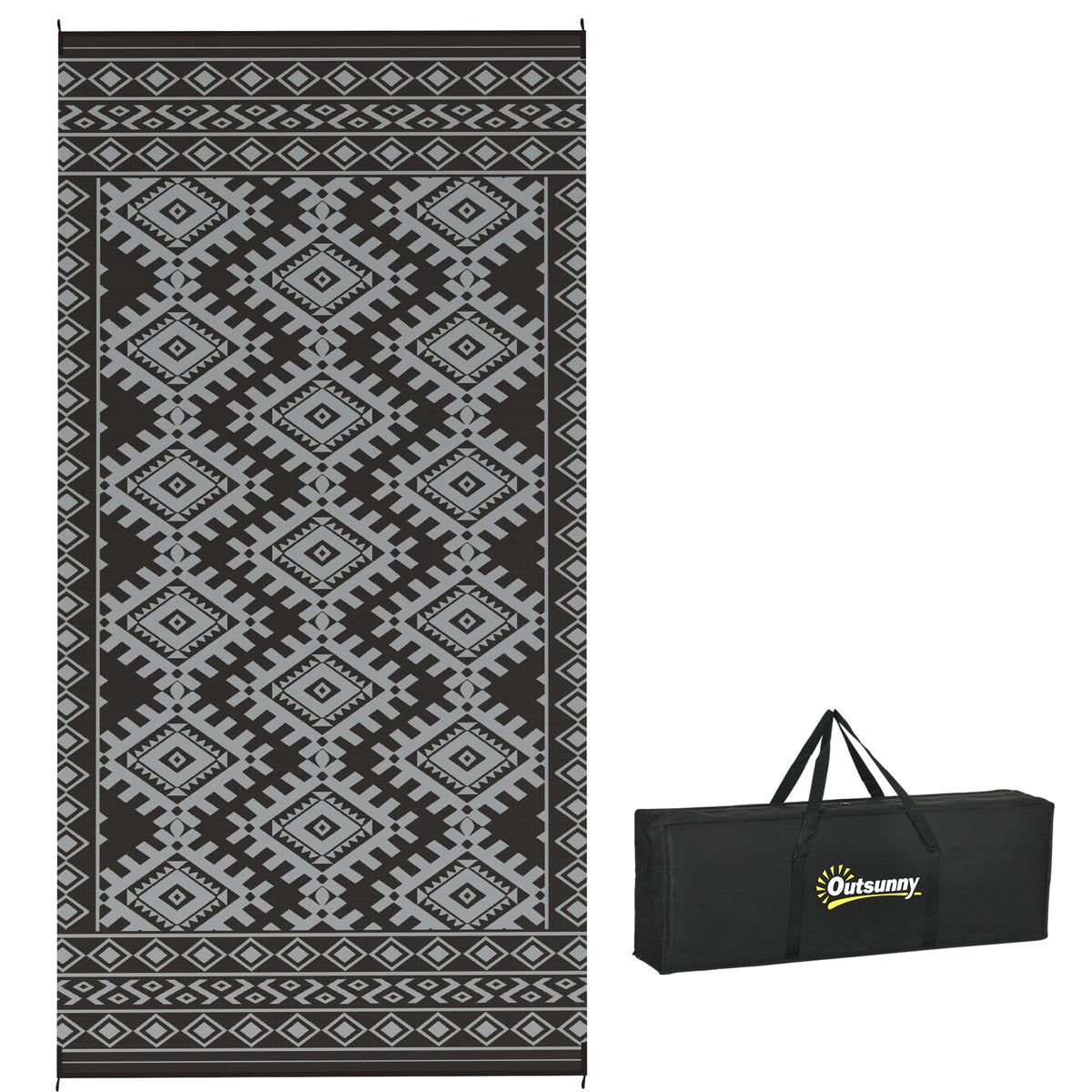 Reversible Outdoor Rug, Waterproof Plastic Straw with Carry Bag, 9' x 18', Black & Gray Rhombus Border