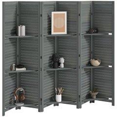 6 Panel 67" Tall Wood Privacy Screen Room Divider with 3 Shelves and Folding Storage for Bedroom, Gray