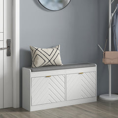 Narrow Storage Bench, Upholstered Entry Way Bench, Shoe Rack Bench with 2 Flip Drawers, 2 Vents for 8 Pairs of Shoes