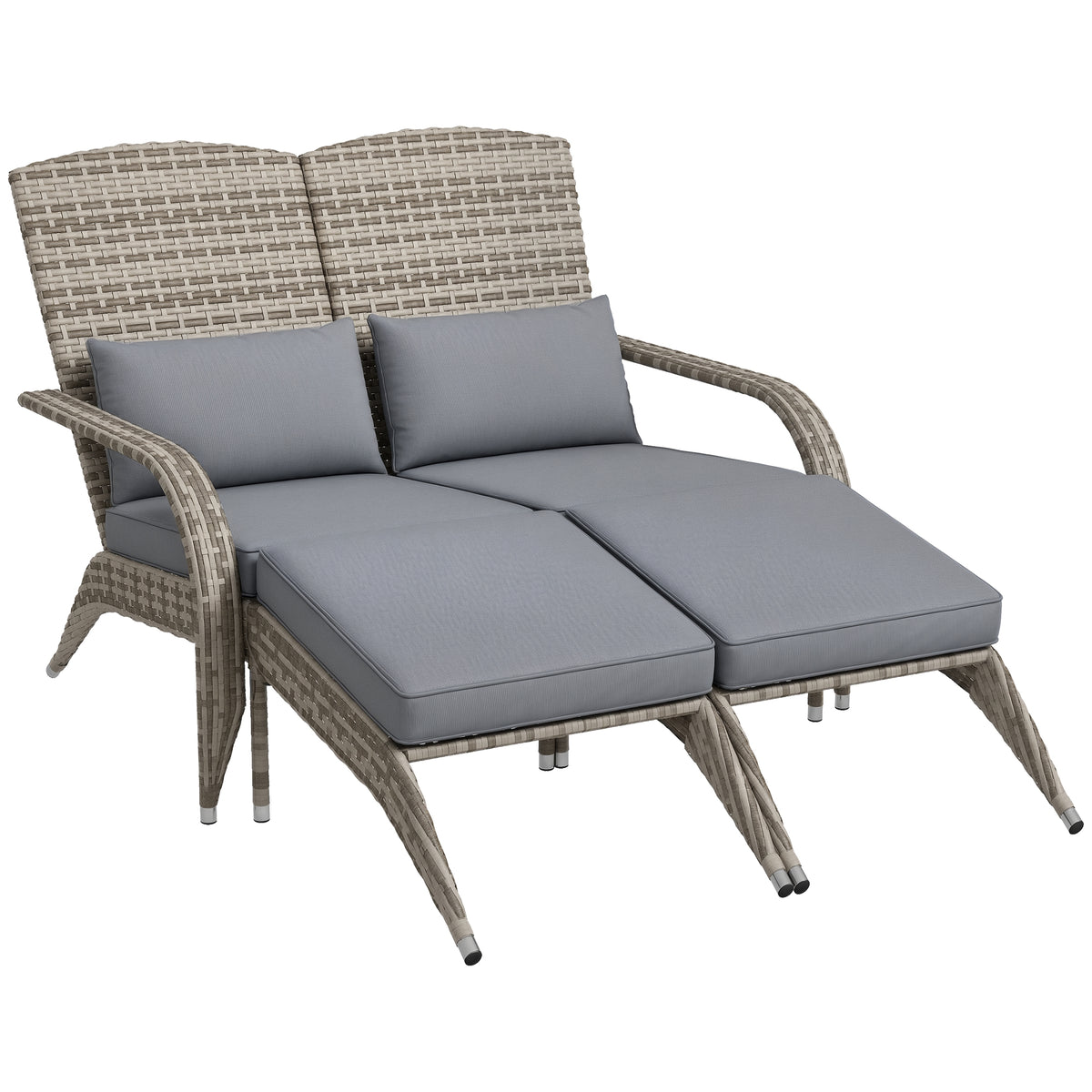 Wicker Adirondack Chair for 2 with Cushions & Footrests, PE Rattan Double Chaise Lounge Chair, Fire Pit Chair for Porch with Wide Armrests, High-back, Gray