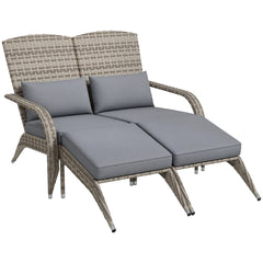Wicker Adirondack Chair for 2 with Cushions & Footrests, PE Rattan Double Chaise Lounge Chair, Fire Pit Chair for Porch with Wide Armrests, High-back, Gray