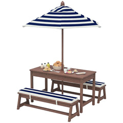 Outdoor Wooden Kids Picnic Table & Bench Set with Cushions and Umbrella, for Patio, Garden, Navy Blue
