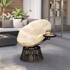 360° Swivel Outdoor Papasan Chair, 39" Overstuffed Circle Chair with Side Tray, Thick Cushion for Indoor Patio, Beige