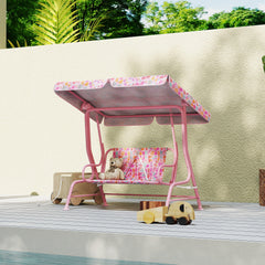 Kids Patio Swing, 2-Seater Outdoor Porch Swing with Safety Belt and Adjustable Canopy for Backyard Garden, Pink