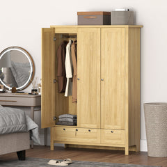 3 Doors Wardrobe Closet with 2 Drawers, Bedroom Armoire with Lockable Drawer, Hanging Rod and Storage Shelves, Natural