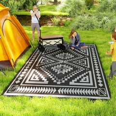 Reversible Outdoor Rug, Waterproof Plastic Straw with Carry Bag, 9' x 18', Black & Gray Square Patchwork