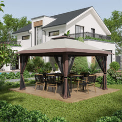 13' x 13' Pop Up Gazebo Instant Canopy Tent Shelter with 2-Tier Roof, Carry Bag, Wight Bags for Outdoor, Garden, Beige