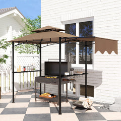8' x 5' Outdoor Grill Gazebo, Barbecue Gazebo Shelter with Side Awning, 2 Side Shelves and 6 Hooks, Brown