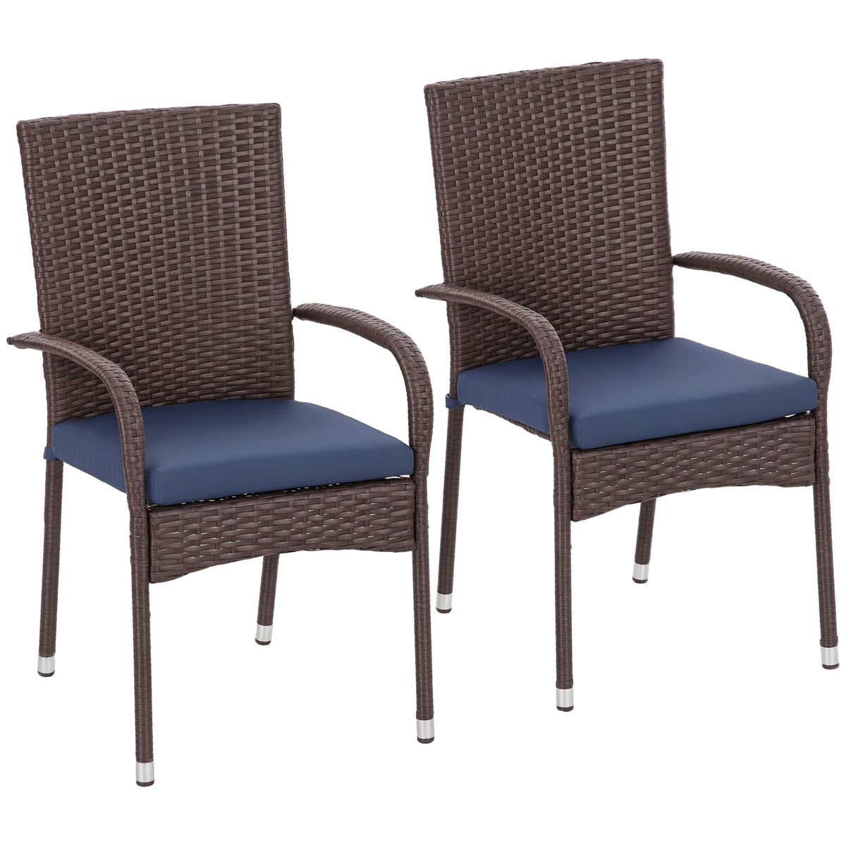 Stackable PE Rattan Outdoor Dining Chairs with Cushion, Patio Wicker Dining Chair with Armrests & Backrest, Blue