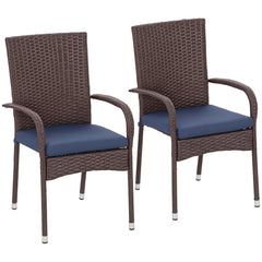 Stackable PE Rattan Outdoor Dining Chairs with Cushion, Patio Wicker Dining Chair with Armrests & Backrest, Blue