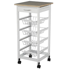 Mobile Kitchen Cart, Rolling Kitchen Island with Storage, Solid Wood Frame Utility Cart with Wire Fruit Baskets and Drawer, White