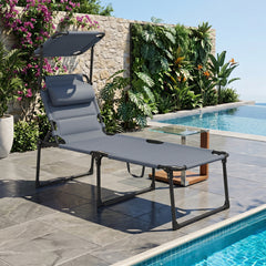 Outdoor Lounge Chair, 4 Position Adjustable Backrest, Folding, Cushioned w/ Sun Shade Roof & Pillow, Gray