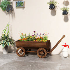 Wooden Wagon Planter Box, Mobile Garden Planter with 4 Wheels, Small Wheelbarrow Wagon Flower Cart with Drainage Hole