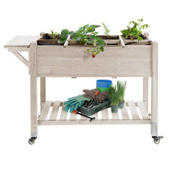 Raised Garden Bed Planter Box w/ 8 Grow Grids, Storage Shelf & Lockable Wheels