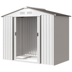 7' x 4' Outdoor Storage Shed, Garden Tool House w/ Foundation Kit Vents & Sliding Doors for Backyard Patio, White