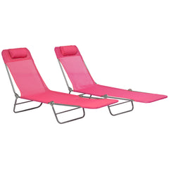2 Piece Folding Chaise Lounge Chairs, Pool Sun Tanning Chairs with Reclining Back, Breathable Mesh Seat, Pink