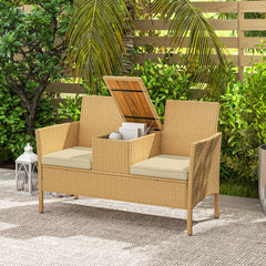 Patio Sofa Wicker Loveseat with Built-in Flip-Top Coffee Table and Cushions for Balcony, Garden, Lawn, Backyard, Khaki