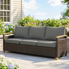 3 Seater Outdoor Couch Sofa, PE Wicker Patio Sofa, Wide Deep Seat, 4" Cushions, Wood-Effect Armrests Legs, Gray