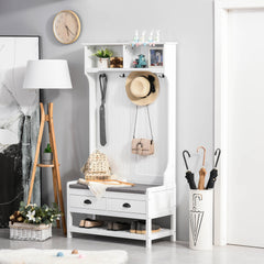 3-in-1 Hall Tree, Entryway Bench with Coat Rack, Mudroom Bench with Shoe Rack, 2 Storage Drawers, 4 Hooks and Padded Seat Cushions for Hallway, White
