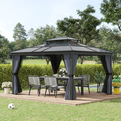 10' x 12' Hardtop Gazebo Canopy with Polycarbonate Roof, Aluminum Frame, Permanent Pavilion Outdoor Gazebo with Netting, for Patio, Garden, Backyard, Deck, Lawn, Black
