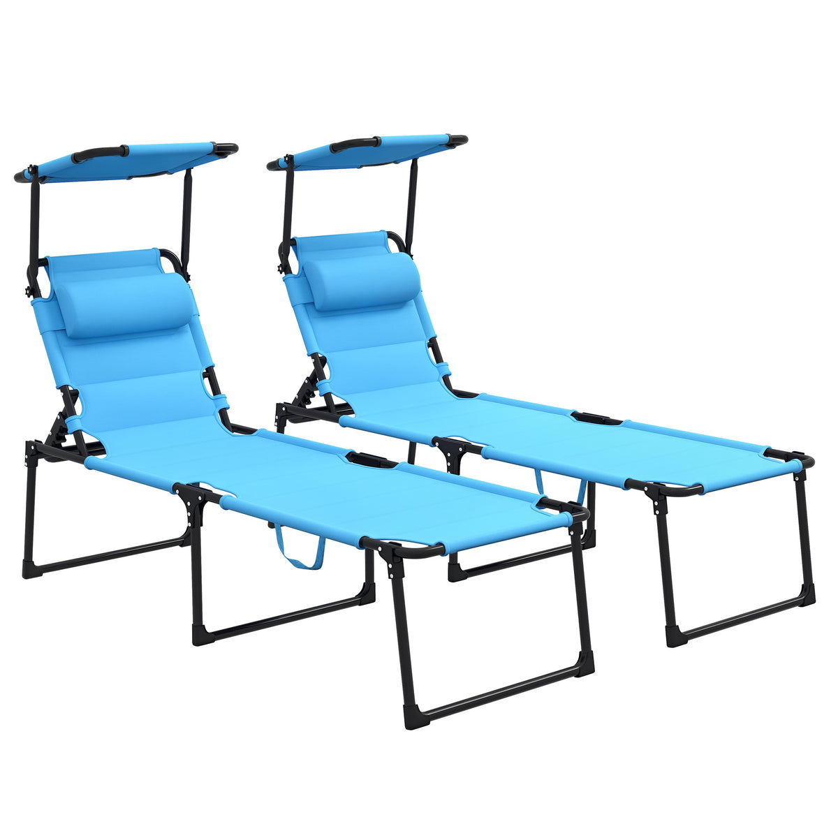 2 Pcs Outdoor Lounge Chair, 4 Position Adjustable Backrest, Folding, Cushioned w/ Sun Shade Roof & Pillow, Blue