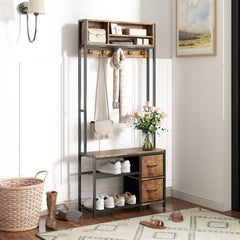Hall Tree with Bench and Shoe Storage, 5-in-1 Entryway Bench with Coat Rack, 3 Storage Shelves, 2 Fabric Drawers, Brown