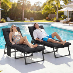 Folding Chaise Lounge Chair Outdoor Tanning Chair Set of 2 with 5-Position Backrest, Cushions, Side Pocket, Black