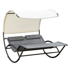 Outdoor Double Chaise Rocking Chair, Day Bed Sun Lounger with Canopy Shade, Headrest Pillow, Armrests for Garden, Poolside, Light Gray