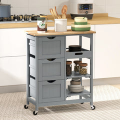 Rolling Kitchen Cart, Kitchen Island with Wood Top, Shelves & Drawers for Dining Area, Gray