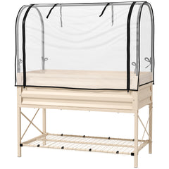 Raised Garden Bed with Legs and Cover, Metal Elevated Planter Box with Bottom Shelf and Liner for Vegetables, Cream