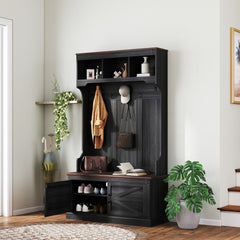 3-in-1 Hall Tree with Shoe Storage, Coat Rack with Bench, Entryway Furniture with Five Hooks, Black Wood Grain